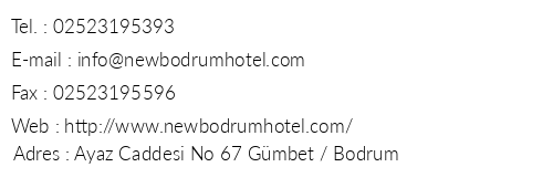 New Bodrum Hotel telefon numaralar, faks, e-mail, posta adresi ve iletiim bilgileri
